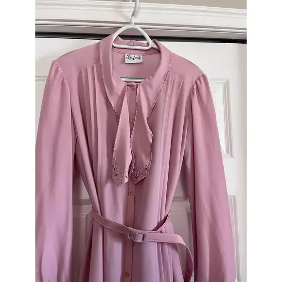 Vintage Lady Jennifer Pink Pleated Secretary Dress w Belt Long Sleeve Midi XL - Picture 4 of 9